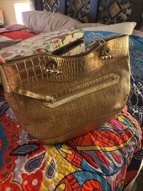 Elaine Turner Metallic Gold Croc-Accent Shoulder Bag